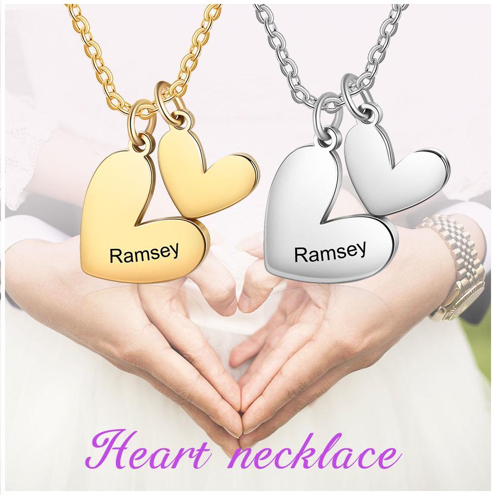 Two Heart Pendant Necklace Engraved Name with Heart Charms Gifts for Her-Jessemade AU