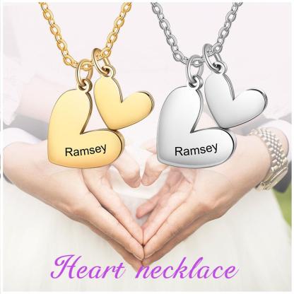Two Heart Pendant Necklace Engraved Name with Heart Charms Gifts for Her-Jessemade AU