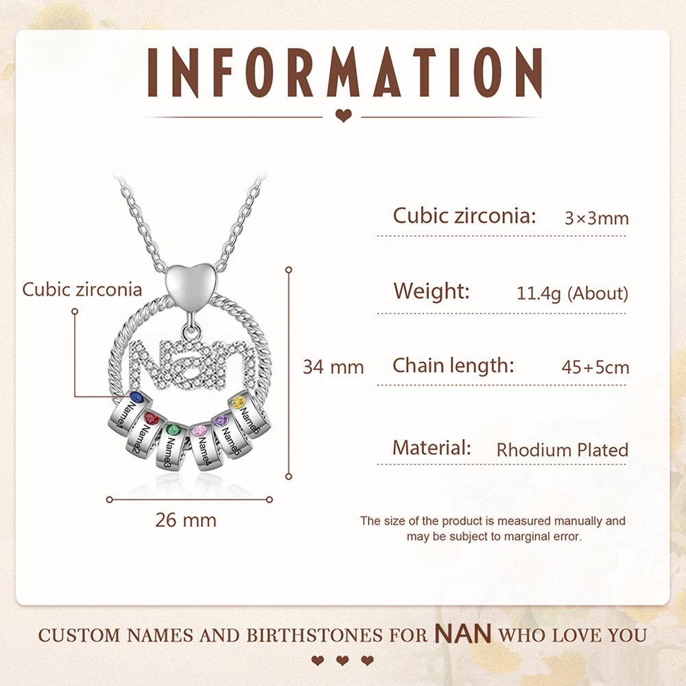 6 Names - Personalised Nan Necklace Custom Names & Birthstones Circle Pendant Necklace Gift for Grandma Nanna-Jessemade AU