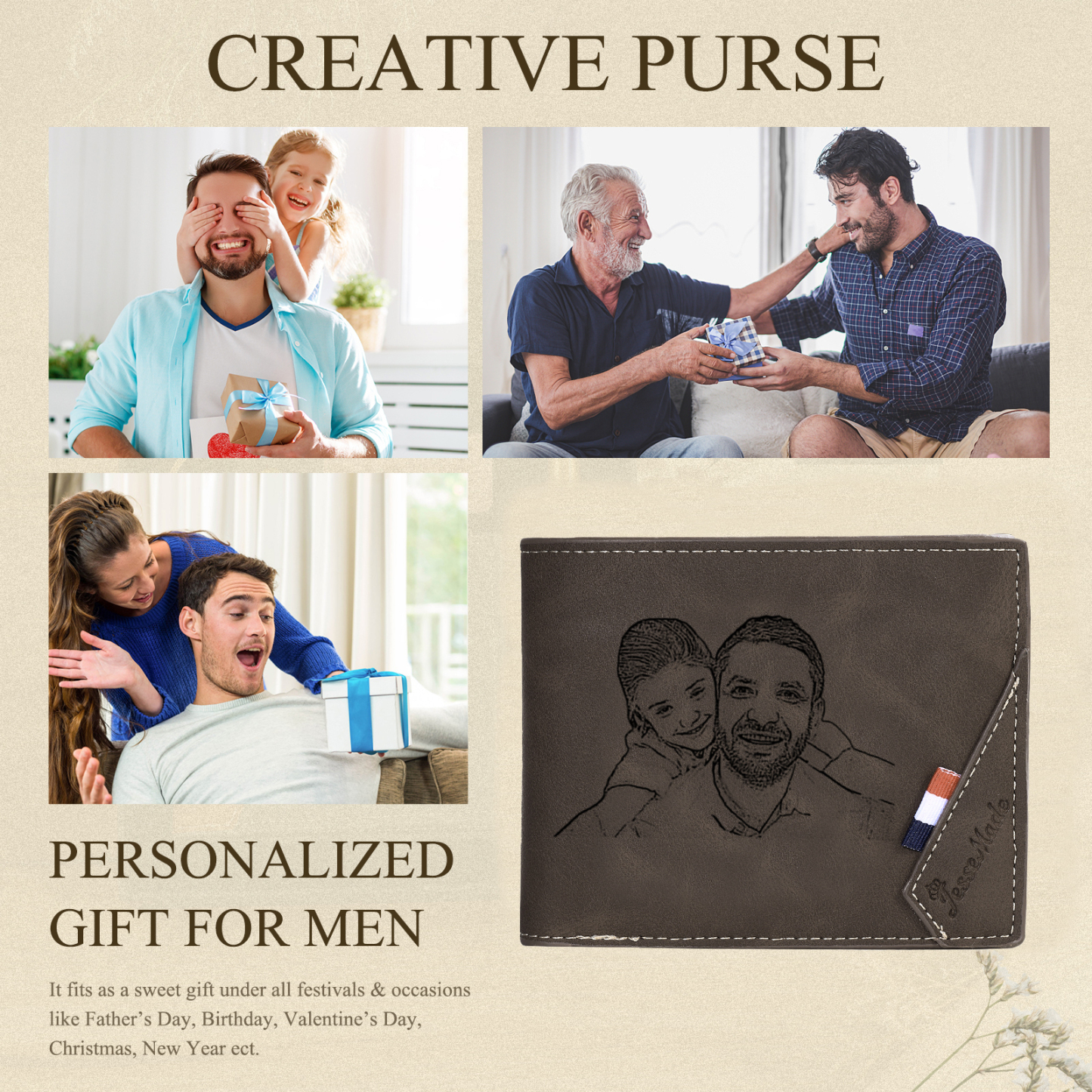 Personalised 2 Texts & 2 Photos & 1 Name & 1 Letter Gift Set Custom Wallet & Keychain & Pen Gift Box Set Gift for Father/Grandpa-Jessemade AU