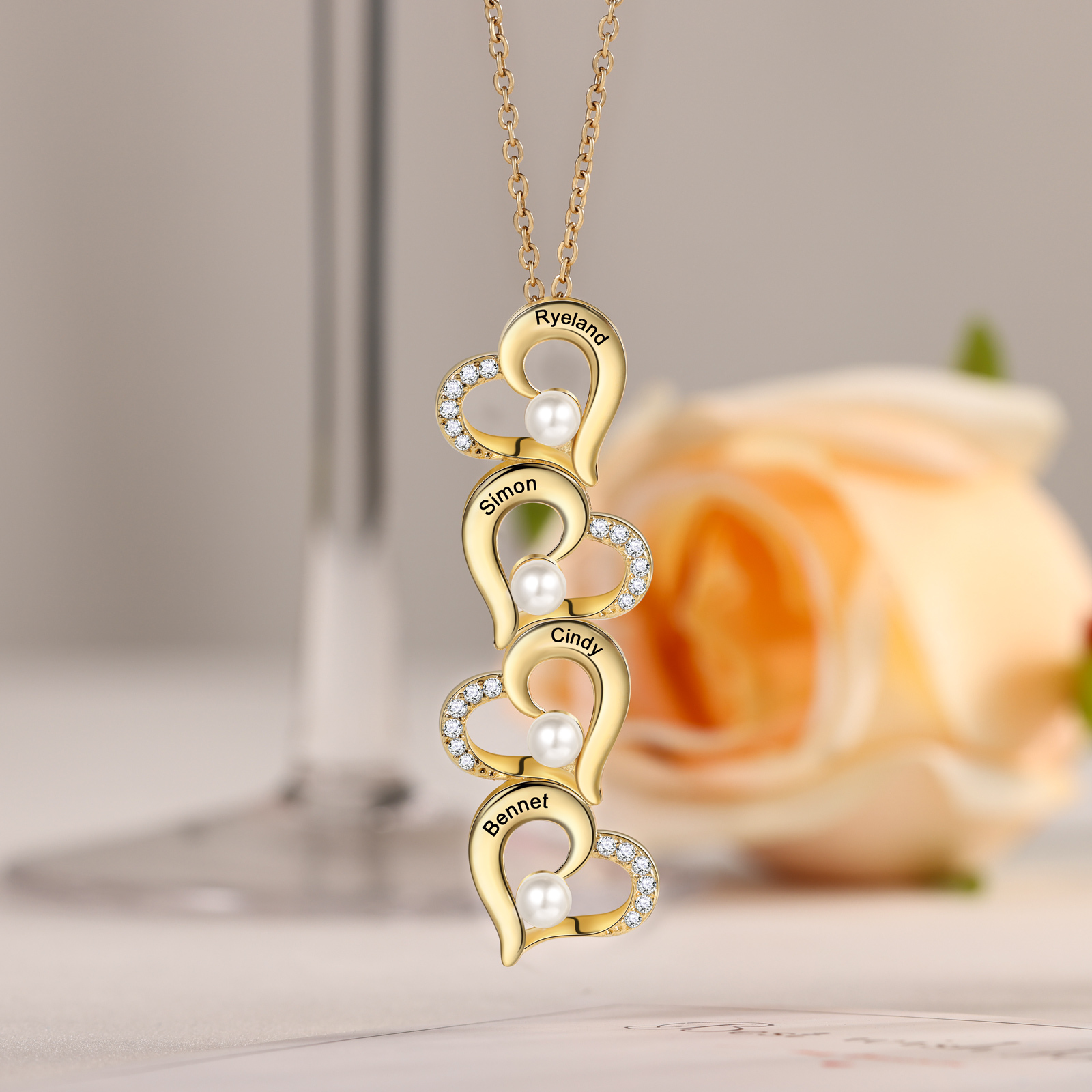 4 Names - Personalised Heart Shape Pendant Necklace Women's Customised Name Necklace Pearl Necklace Birthday Gift for Mother-Jessemade AU