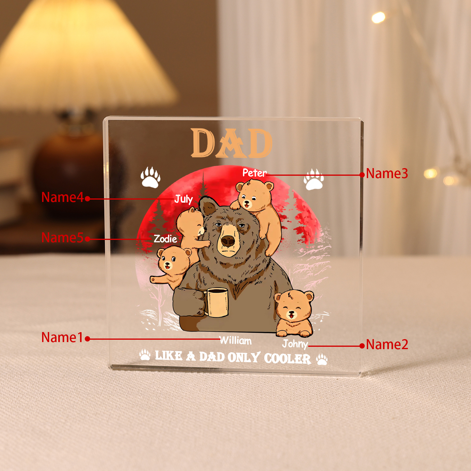 Personalised 5 Names Acrylic Square Keepsake Bear Family Rectangle Plaque Father's Day Gifts - Like A Dad Only Cooler-Jessemade AU