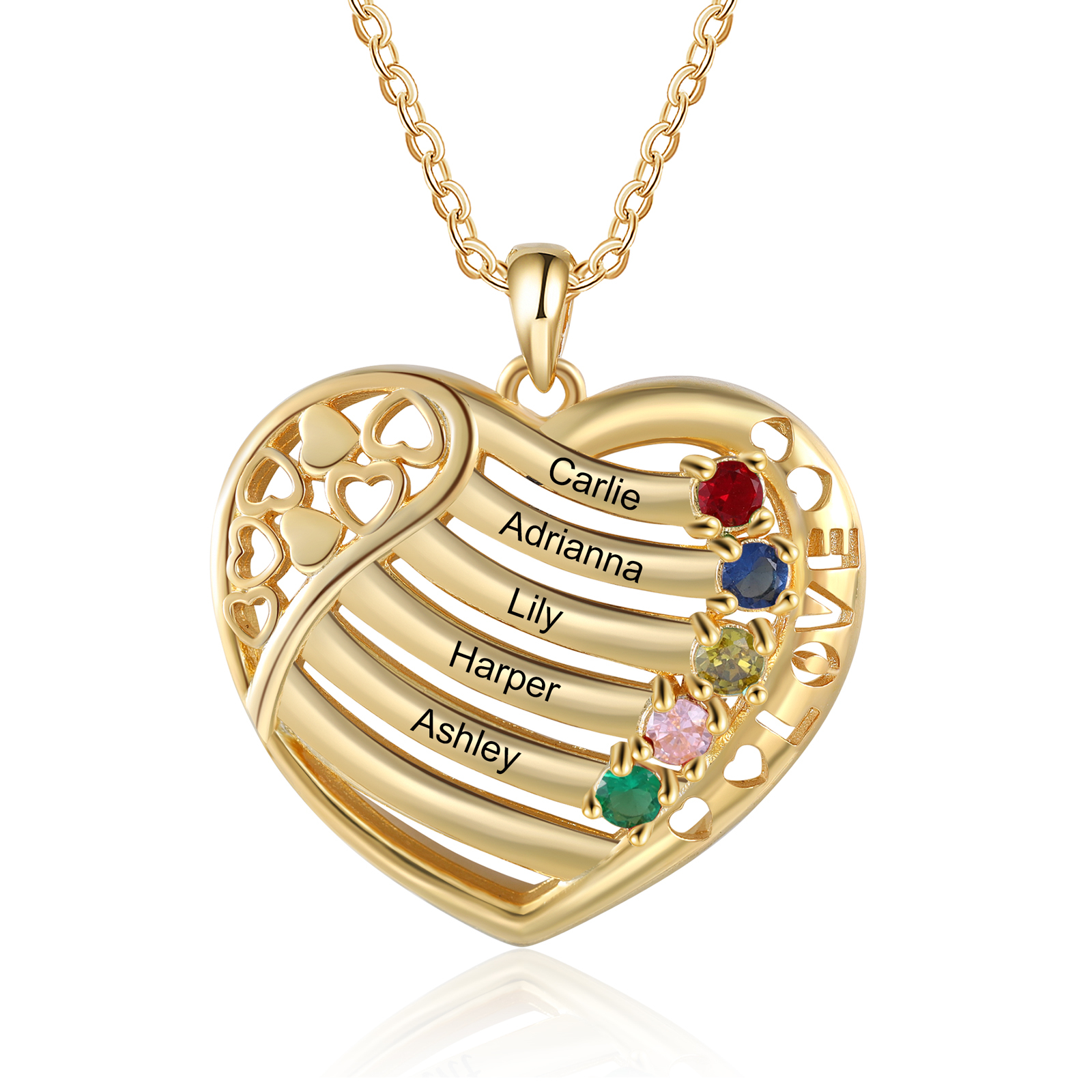 LOVE Heart Necklace Custom 5 Names & Birthstones Family Necklace Gifts For Her-Jessemade AU