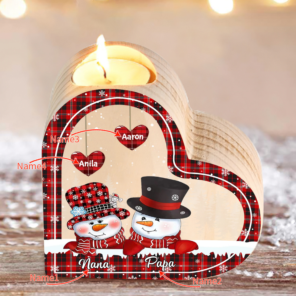 Heart-Shaped Christmas Candle Holder Engraved 4 Names Snowman Candlesticks Personalised Gift for Family-Jessemade AU