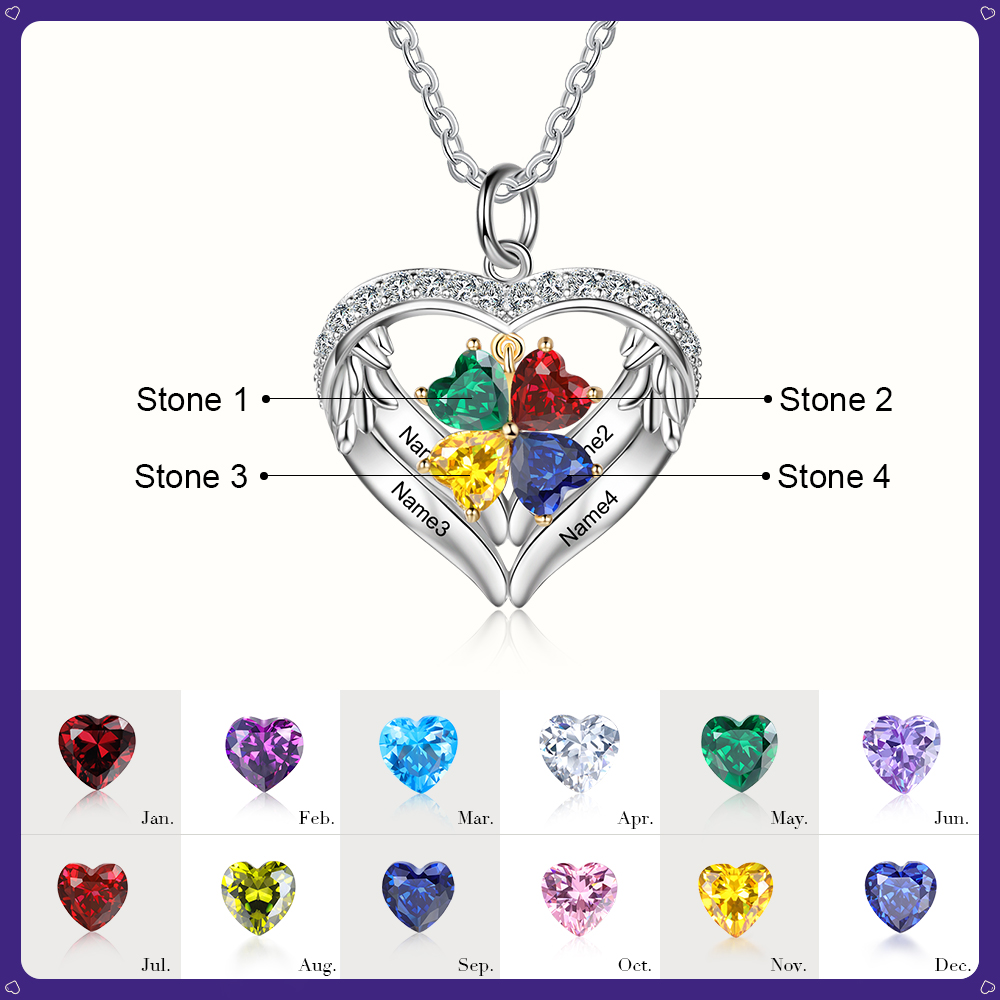 Personalised Wings Necklace With 4 Heart Birthstones Engraved Names Gift For Women-Jessemade AU