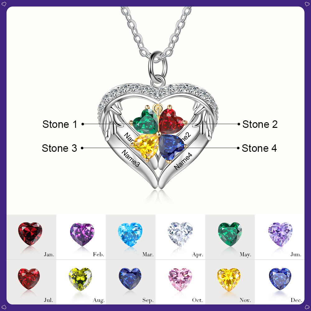 Personalised Wings Necklace With 4 Heart Birthstones Engraved Names Gift For Women-Jessemade AU