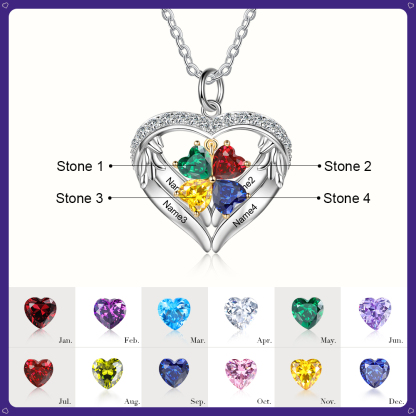 Personalised Wings Necklace With 4 Heart Birthstones Engraved Names Gift For Women-Jessemade AU