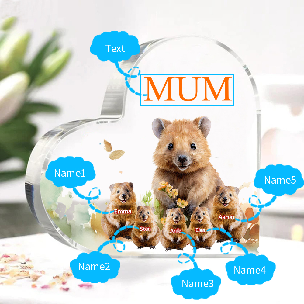 Personalised Acrylic Heart Keepsake Custom 1 Text & 5 Names Ornament Quokka Family Gift for Mother/Grandma-Jessemade AU