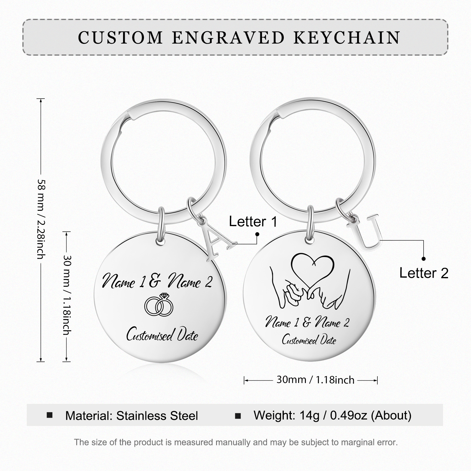 2 PCS Couple Keychains Custom 2 Names & 2 Letters & Date Keyring Valentine's Day Matching Couple Gift for Him/Her-Jessemade AU