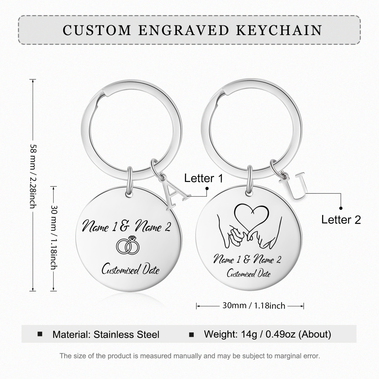 2 PCS Couple Keychains Custom 2 Names & 2 Letters & Date Keyring Valentine's Day Matching Couple Gift for Him/Her-Jessemade AU