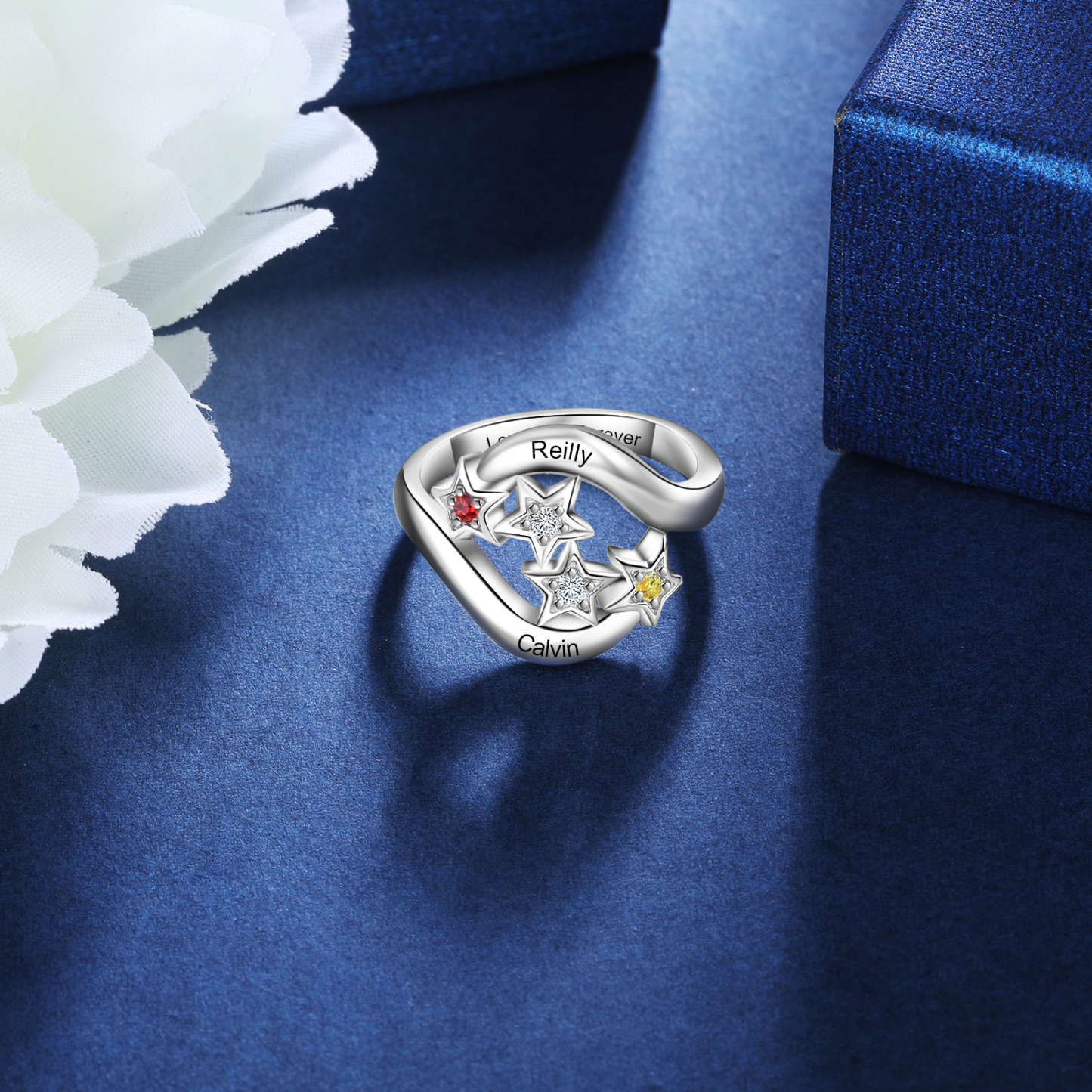 Personalised Star Ring With 2 Birthstones Engraved Names Ring Gift For Women-Jessemade AU