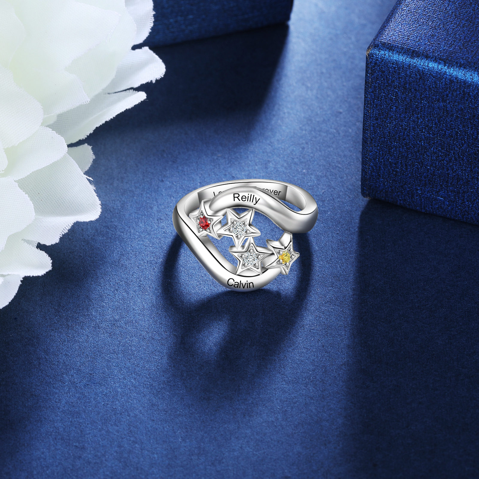 Personalised Star Ring With 2 Birthstones Engraved Names Ring Gift For Women-Jessemade AU