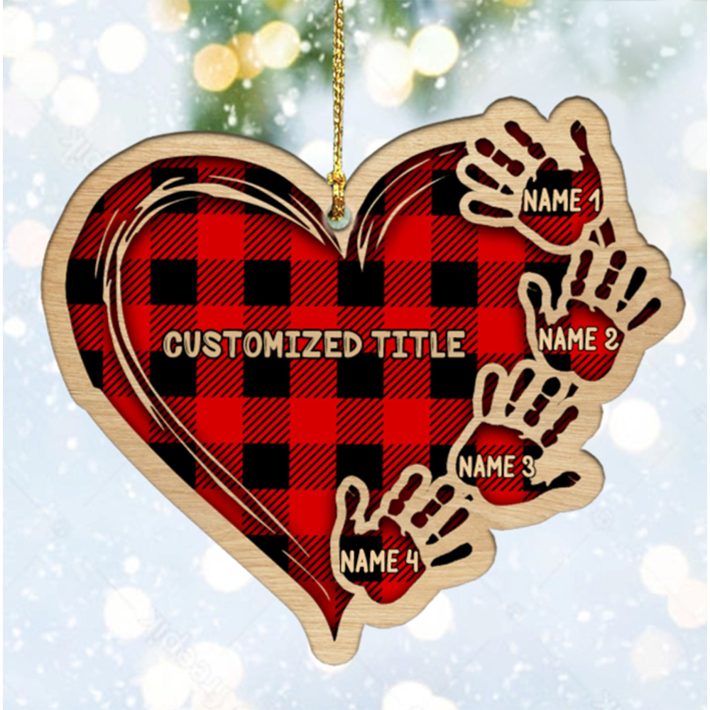 Grandma Mom Heart Hand Print Wood Ornament Custom 4 Names for Family-Jessemade AU