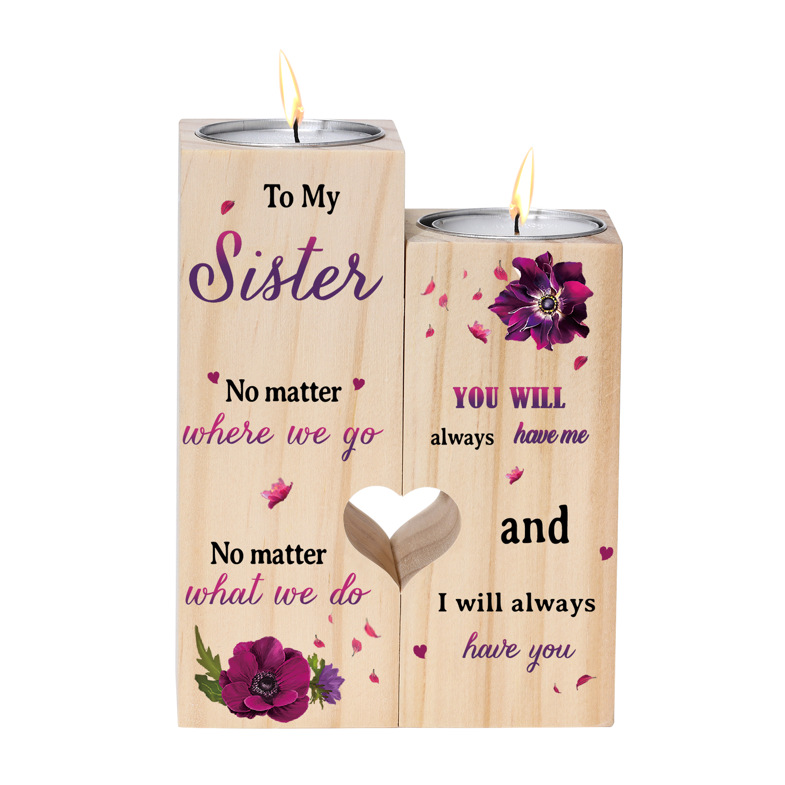 To My Sister Violet Flowers Heart Candle Holder "I will always have you" Wooden Candlestick Gifts-Jessemade AU