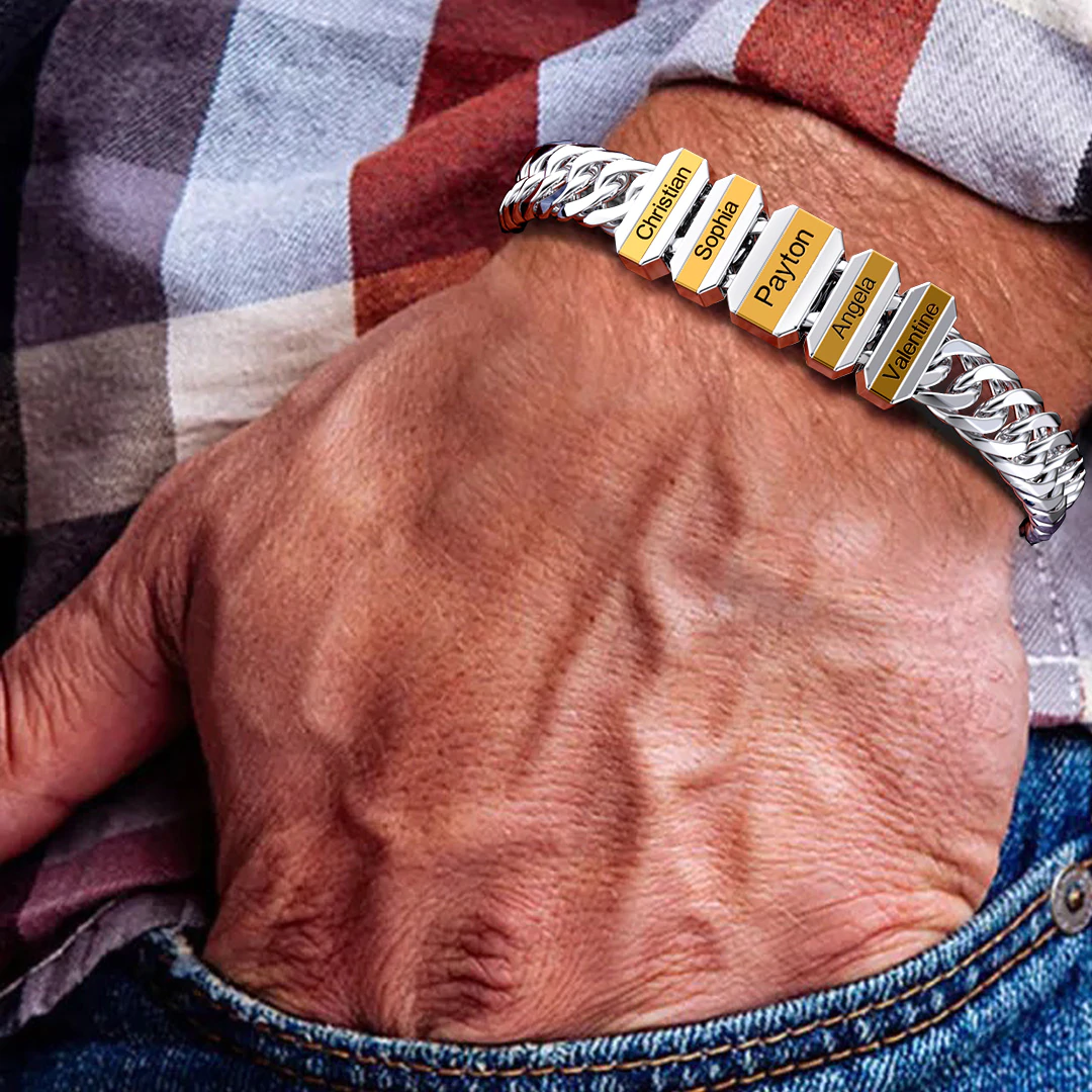 Personalised Mens Cuban Link Chain Bracelet Engraved Name 1 Bead Father's Day Gift