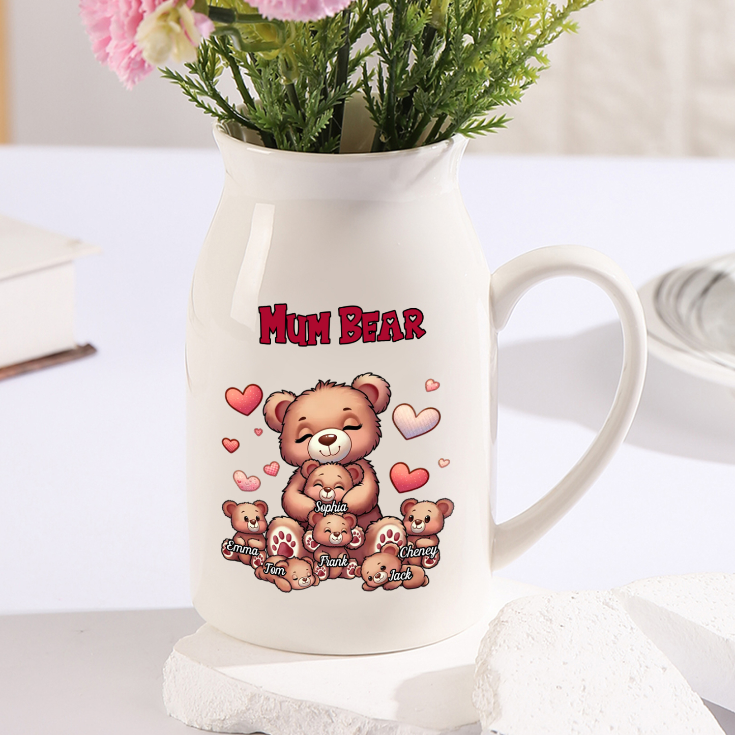 Personalised Ceramic Flower Vase Custom 2–8 Names & 1 Text Bear Family Vase Gift for Mother/Grandma-Jessemade AU