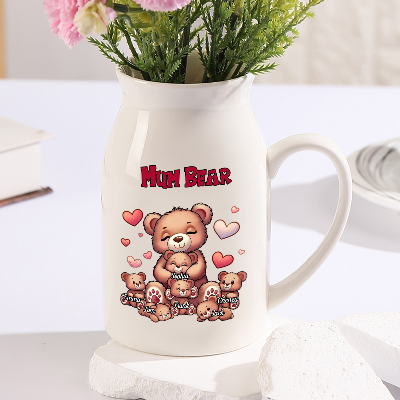 Personalised Ceramic Flower Vase Custom 2–8 Names & 1 Text Bear Family Vase Gift for Mother/Grandma-Jessemade AU