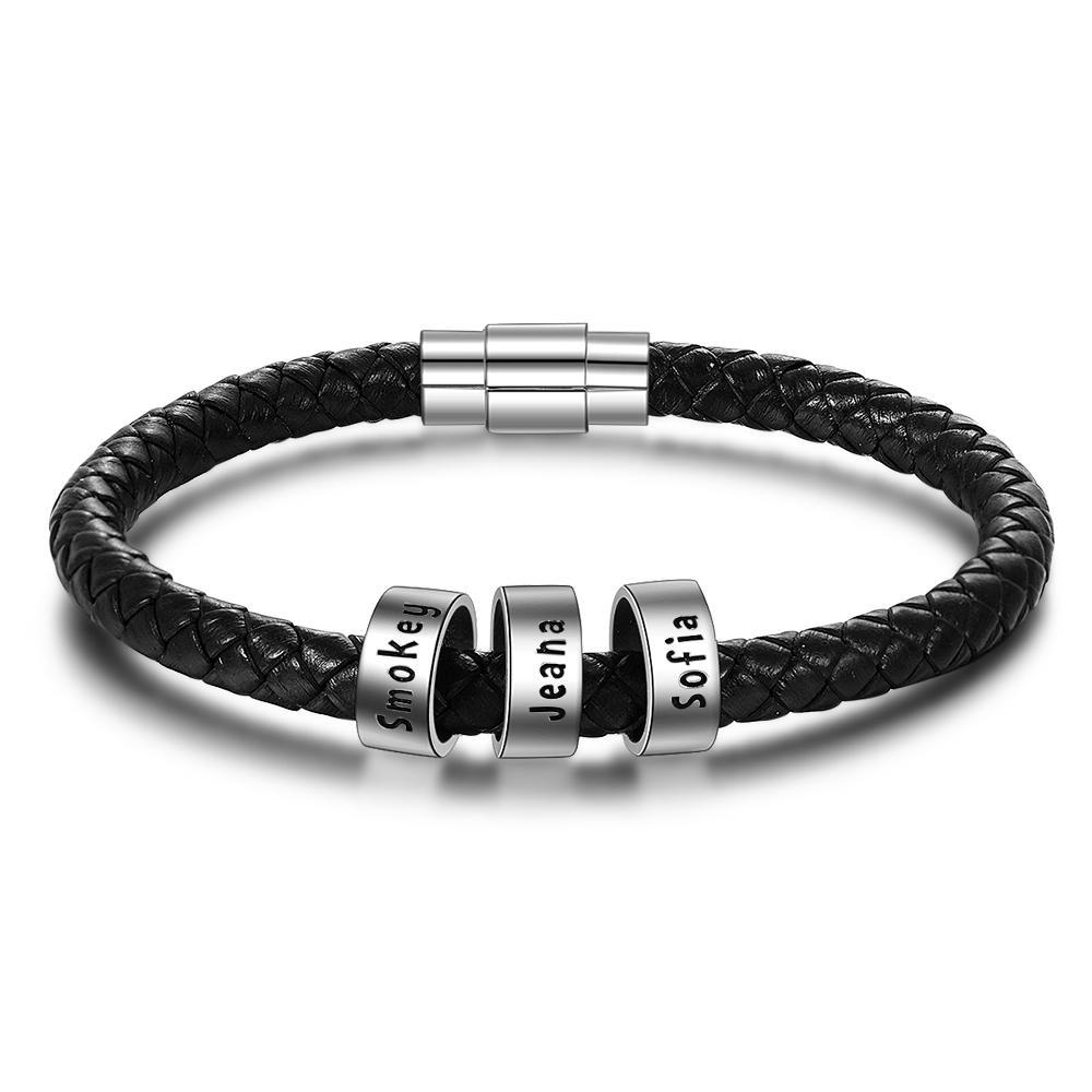 Men Leather Braided Rope Bracelet with 3 Custom Beads Engravable Black Bracelet Gifts for Dad-Jessemade AU