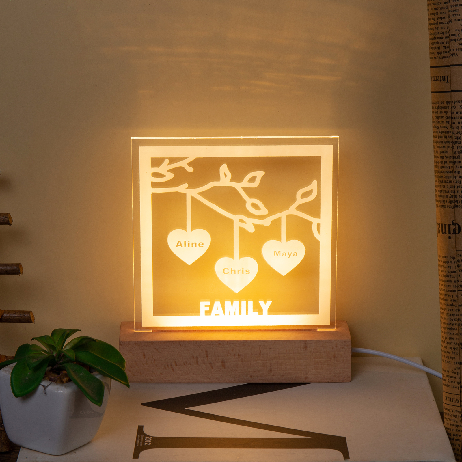 Personalised Family Tree Night Light LED Sign Engraved 3 Names Plaque USB Power Lamp-Jessemade AU