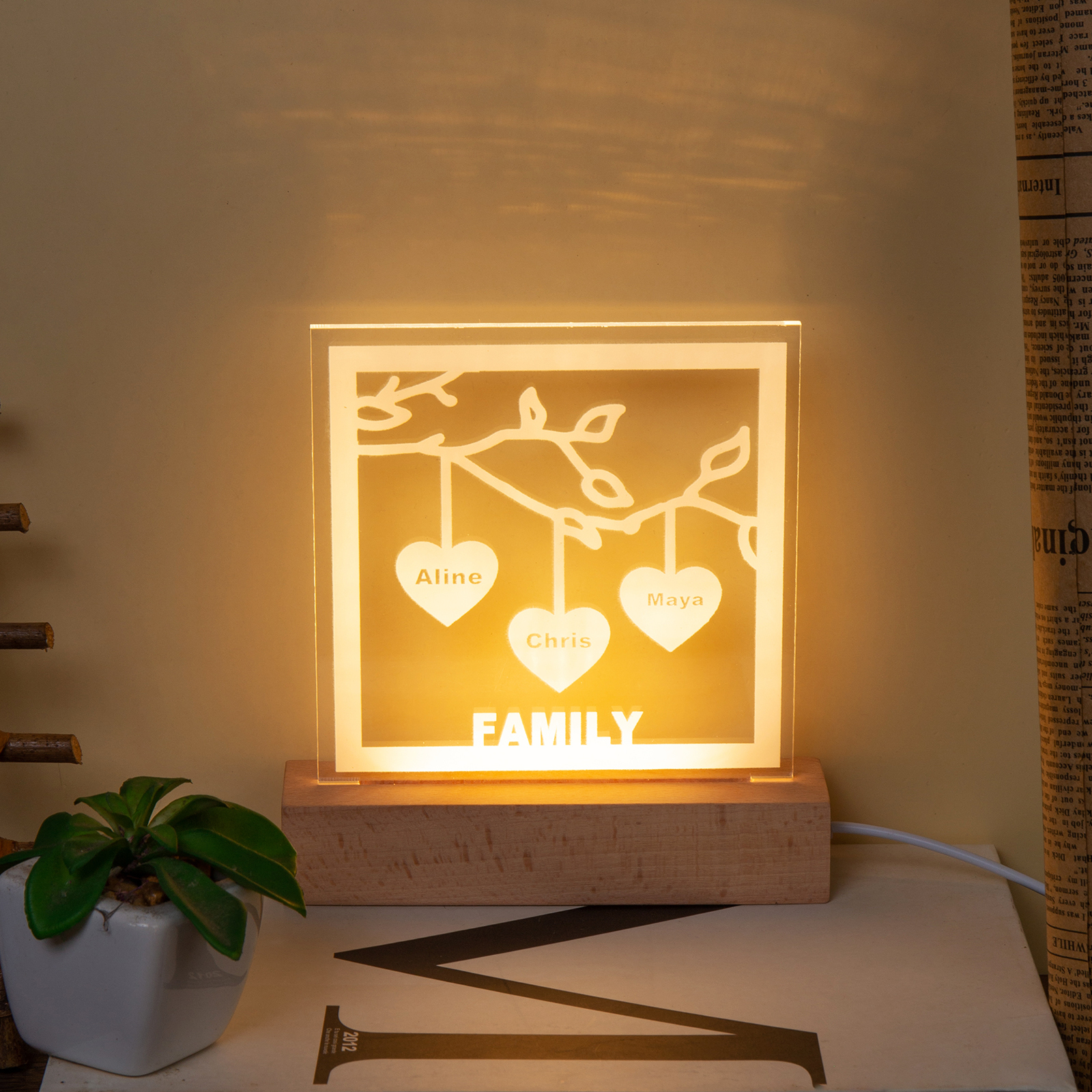 Personalised Family Tree Night Light LED Sign Engraved 3 Names Plaque USB Power Lamp-Jessemade AU