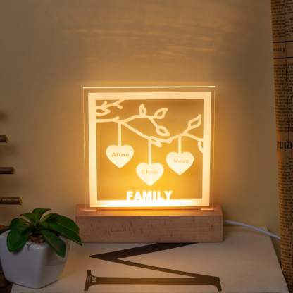 Personalised Family Tree Night Light LED Sign Engraved 3 Names Plaque USB Power Lamp-Jessemade AU