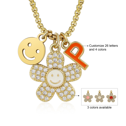 Back To School Personalised Smile and Flower Necklace Custom Birthstone and Initial Necklace-Jessemade AU