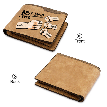 Best Dad Ever - Custom 4 Names & 1 Text Billfold Wallet Personalised Fist Bump Men's Leather Wallet
