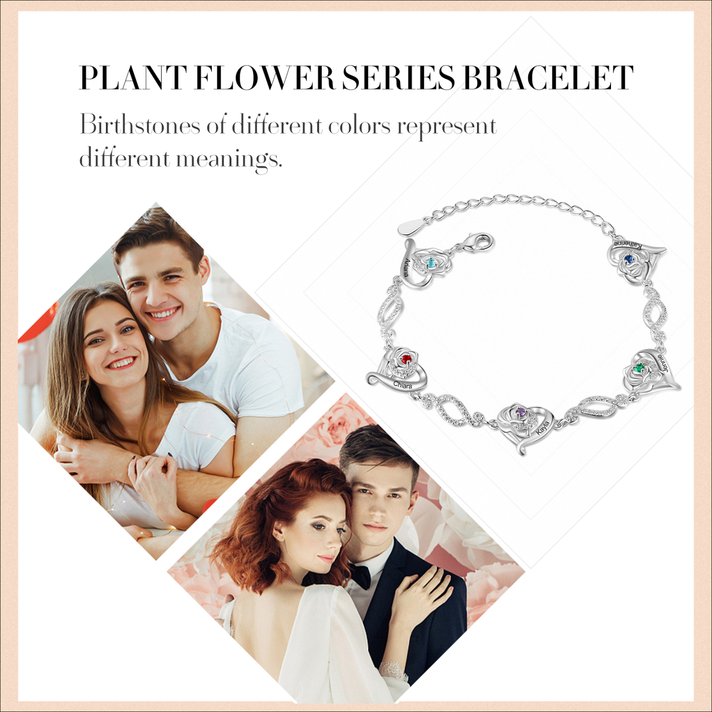 Flowers Bracelet Personalised 5 Birthstones Bracelet Engraved Names Flowers Charm Gifts For Her-Jessemade AU