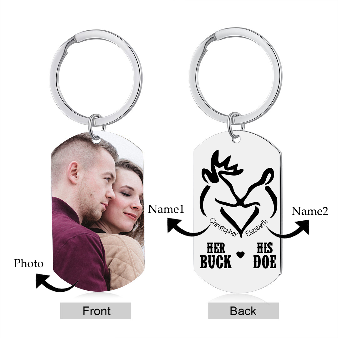 Personalised Couple Photo Keychain Custom 2 Names Keyring “Her Buck His Doe” Valentine's Day Gift For Couples-Jessemade AU