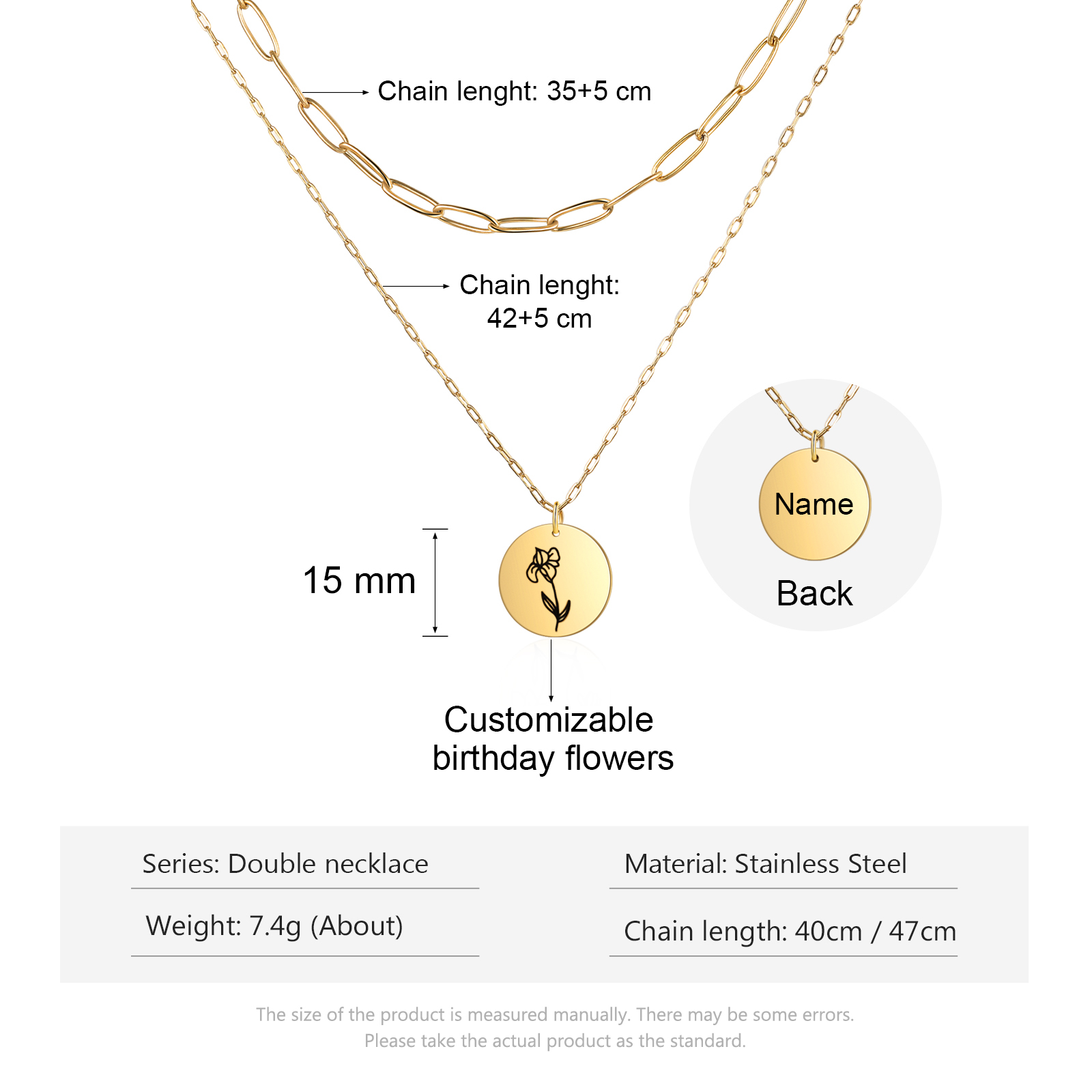 Personalised Double Necklace With 2 Birthflowers Engraved Name Gift For Her-Jessemade AU