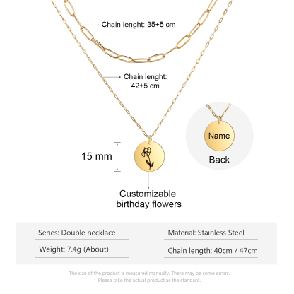 Personalised Double Necklace With 2 Birthflowers Engraved Name Gift For Her-Jessemade AU