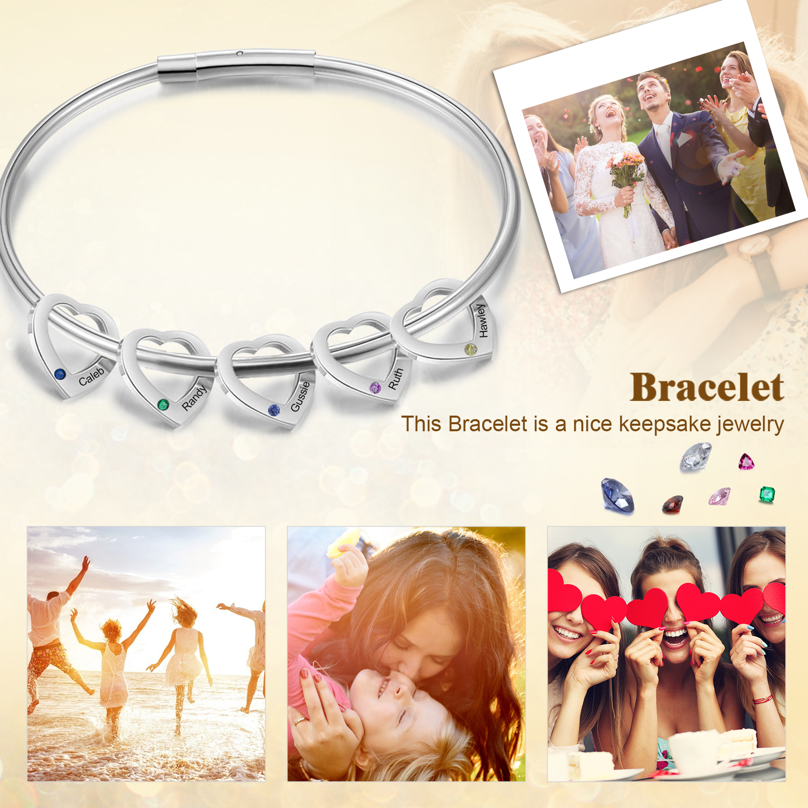 Personalised Heart Bracelet With 5 Birthstones Engraved Names Bracelet Gift For Women-Jessemade AU