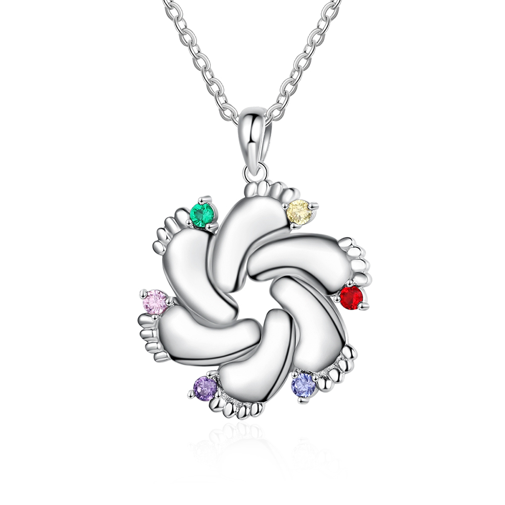 Personalised Baby Foot Necklace With 6 Birthstones Engraved Names Gift For Mother-Jessemade AU