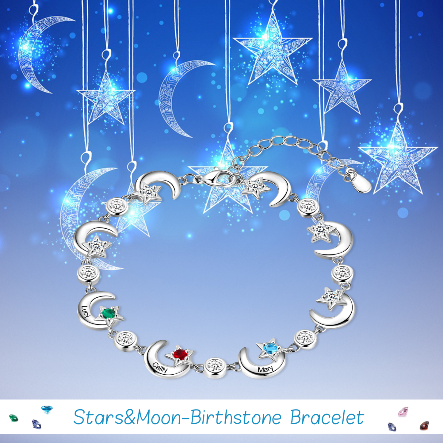 Personalised Moons And Stars Bracelet With 3 Birthstones Custom Names Bracelet Gift For Women-Jessemade AU