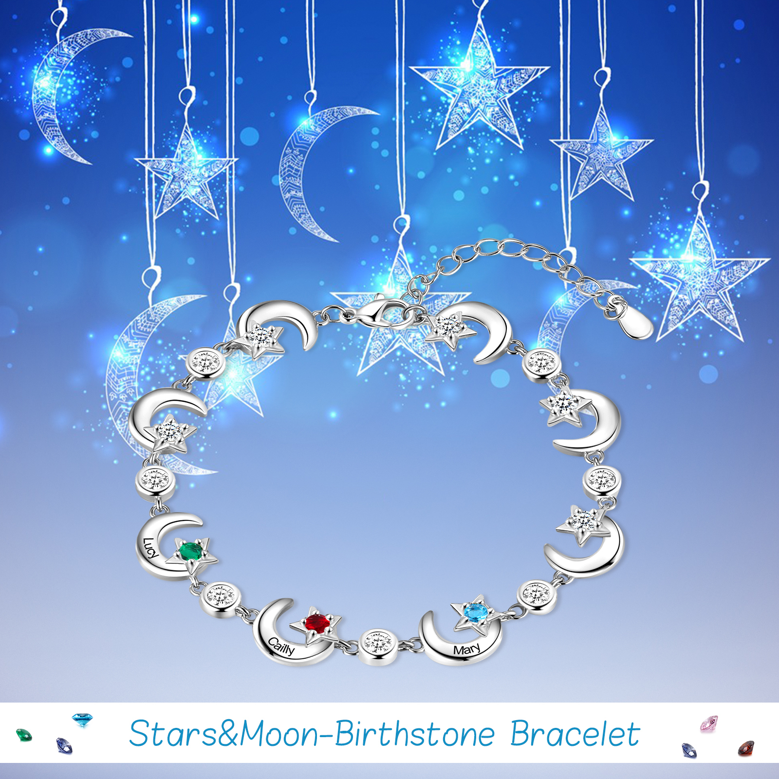 Personalised Moons And Stars Bracelet With 3 Birthstones Custom Names Bracelet Gift For Women-Jessemade AU