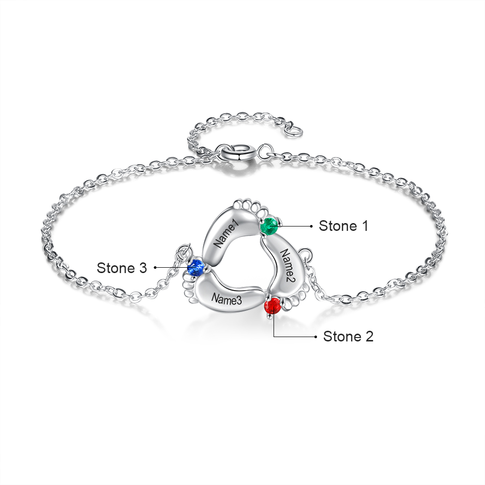 Personalised Baby Foot Bracelet With 3 Birthstones Engraved Names Gift For Mother-Jessemade AU