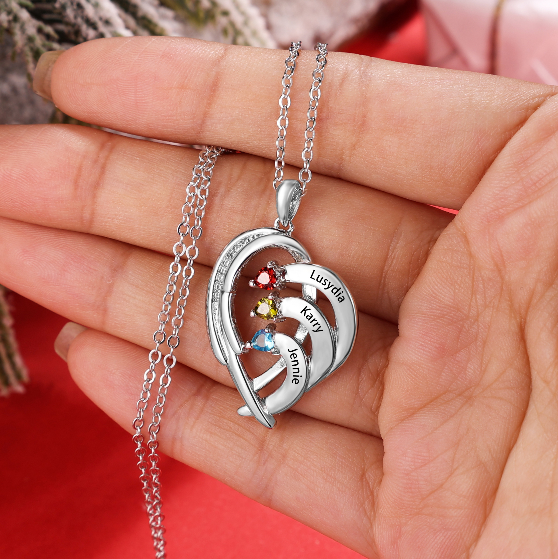 Personalised Heart Wings Necklace With 2 Birthstones Custom Names Necklace Gift For Her-Jessemade AU