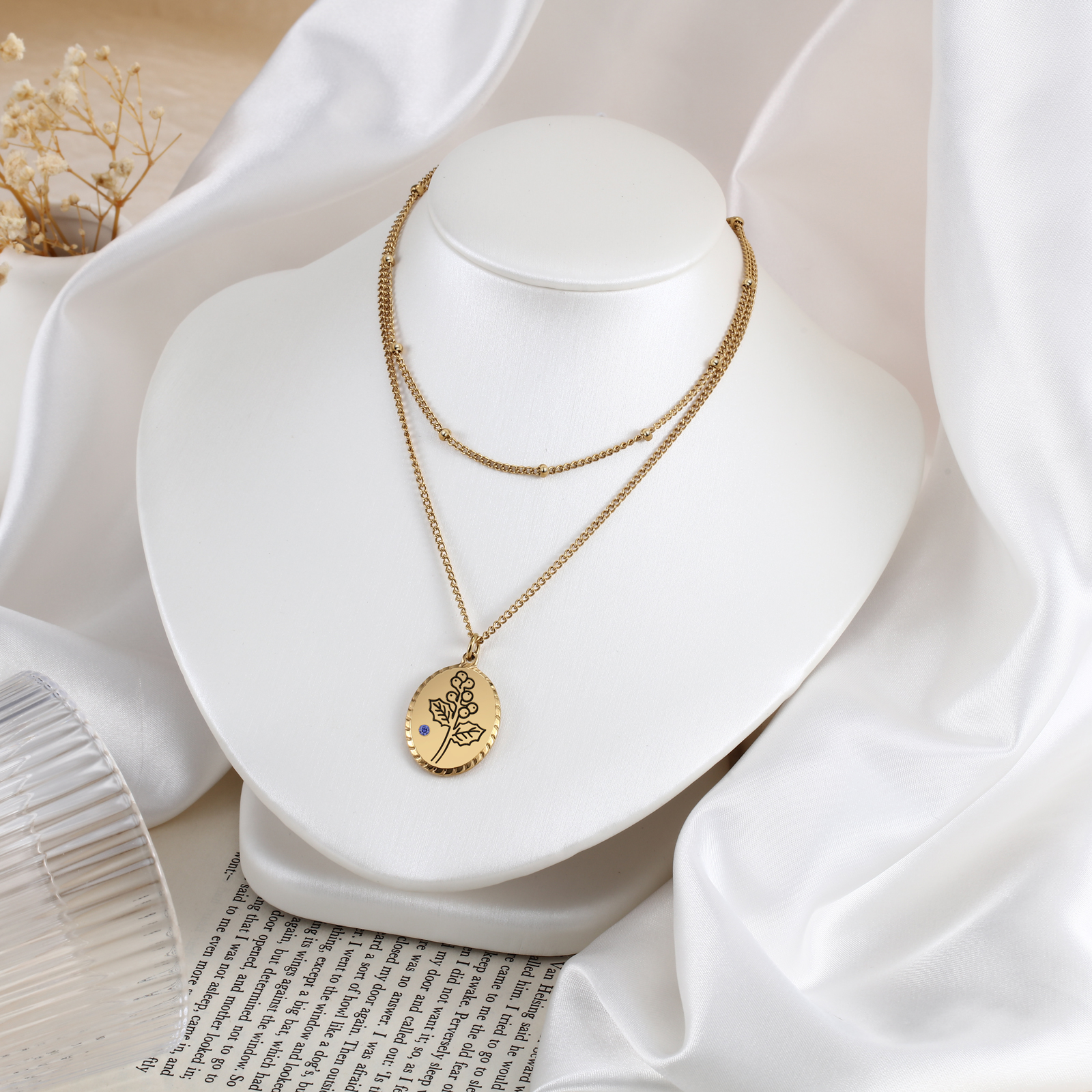 Personalised Double Layered Necklace With Birthstone Custom Birthflower Gift For Women-Jessemade AU