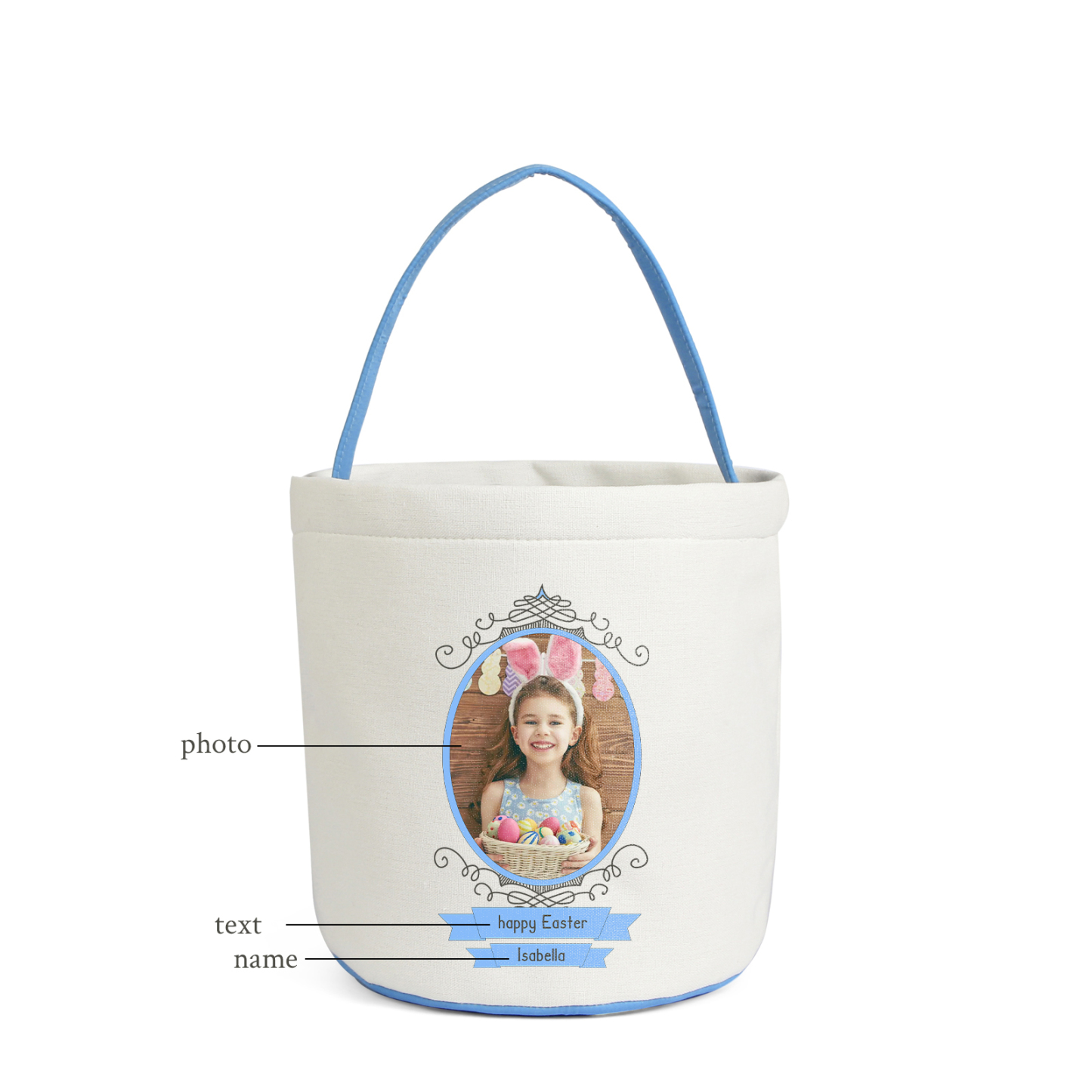 Easter Bunny Tote Bag Personalised Photo Bucket Bag Custom Name & Text White Basket Gifts For Kids-Jessemade AU