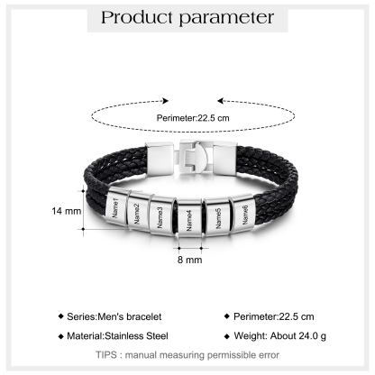 Personalised Braided Leather Bracelet Engraved 6 Names Men's Bracelet Gifts For Him-Jessemade AU
