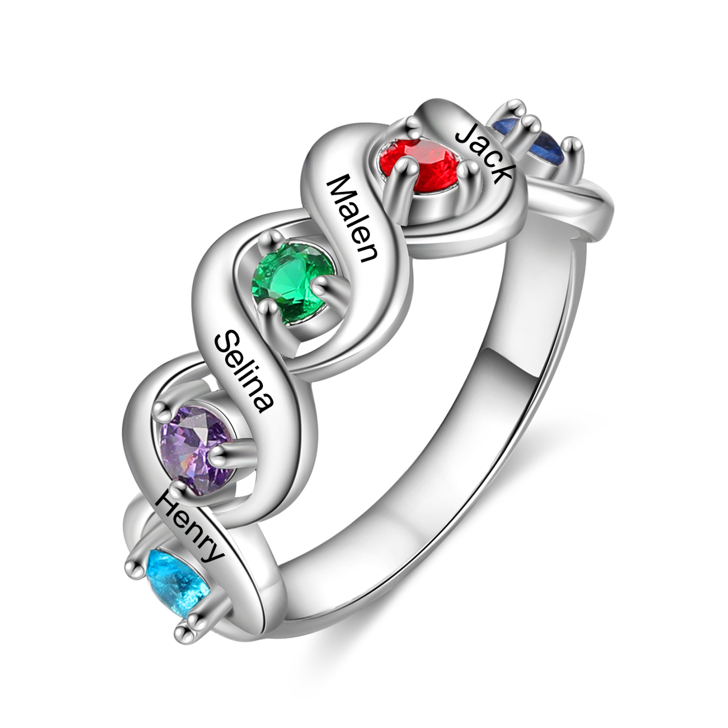 Personalised Ring With 5 Birthstones Engraved Names Ring Gift For Women-Jessemade AU
