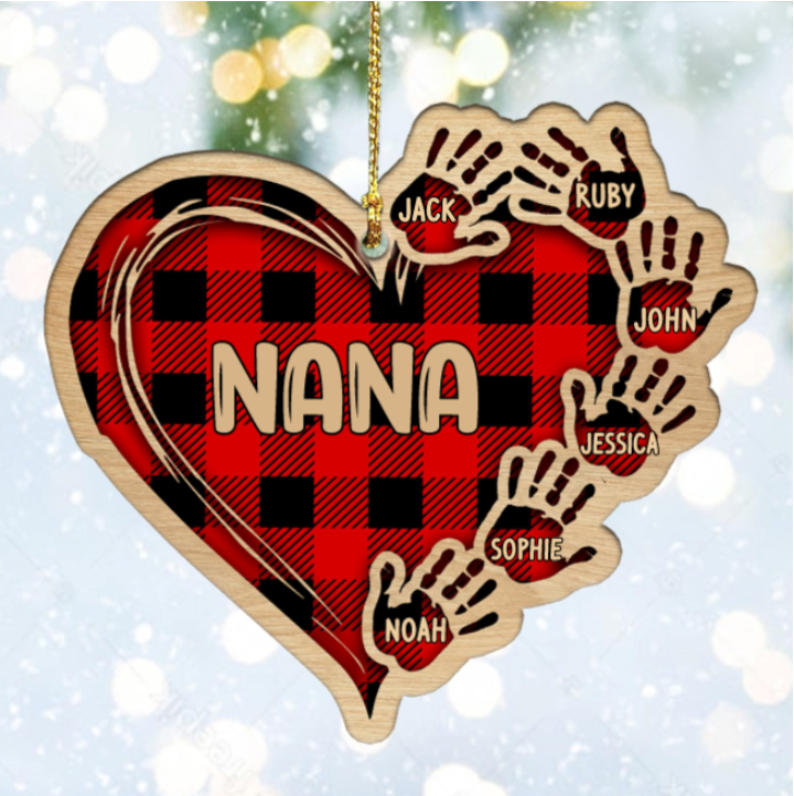 Grandma Mom Heart Hand Print Wood Ornament Custom 6 Names for Family-Jessemade AU