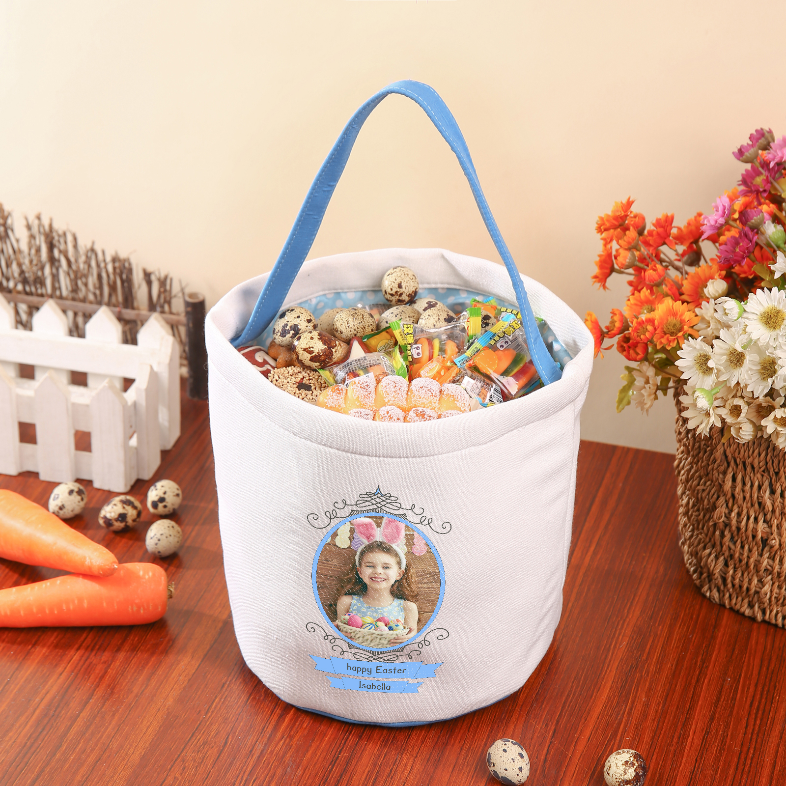 Easter Bunny Tote Bag Personalised Photo Bucket Bag Custom Name & Text White Basket Gifts For Kids-Jessemade AU