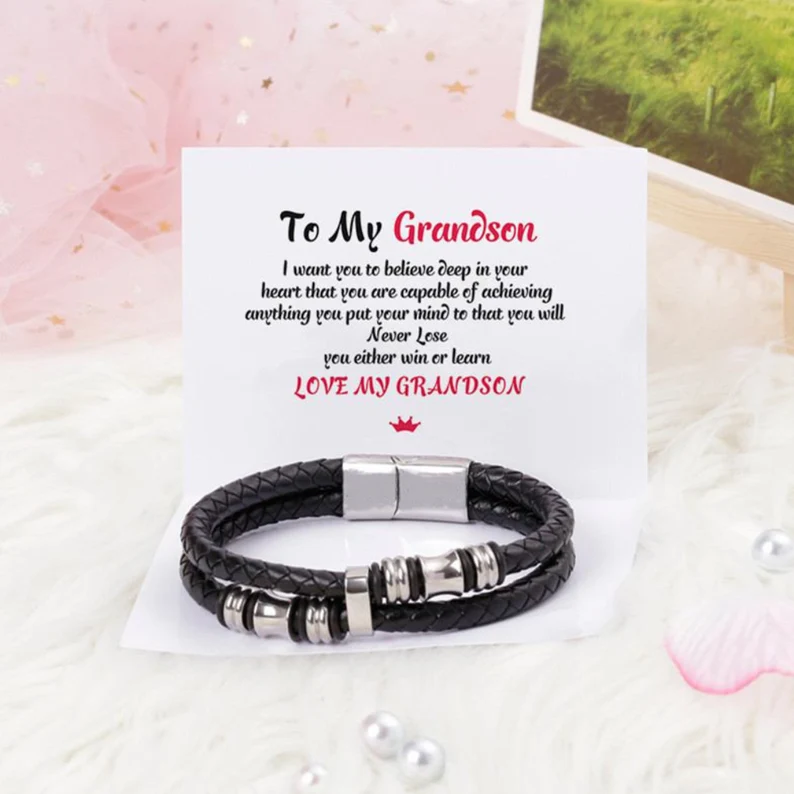 To My Grandson, Inspirational Leather Bracelet Bangle with Message Card Gifts For Him-Jessemade AU