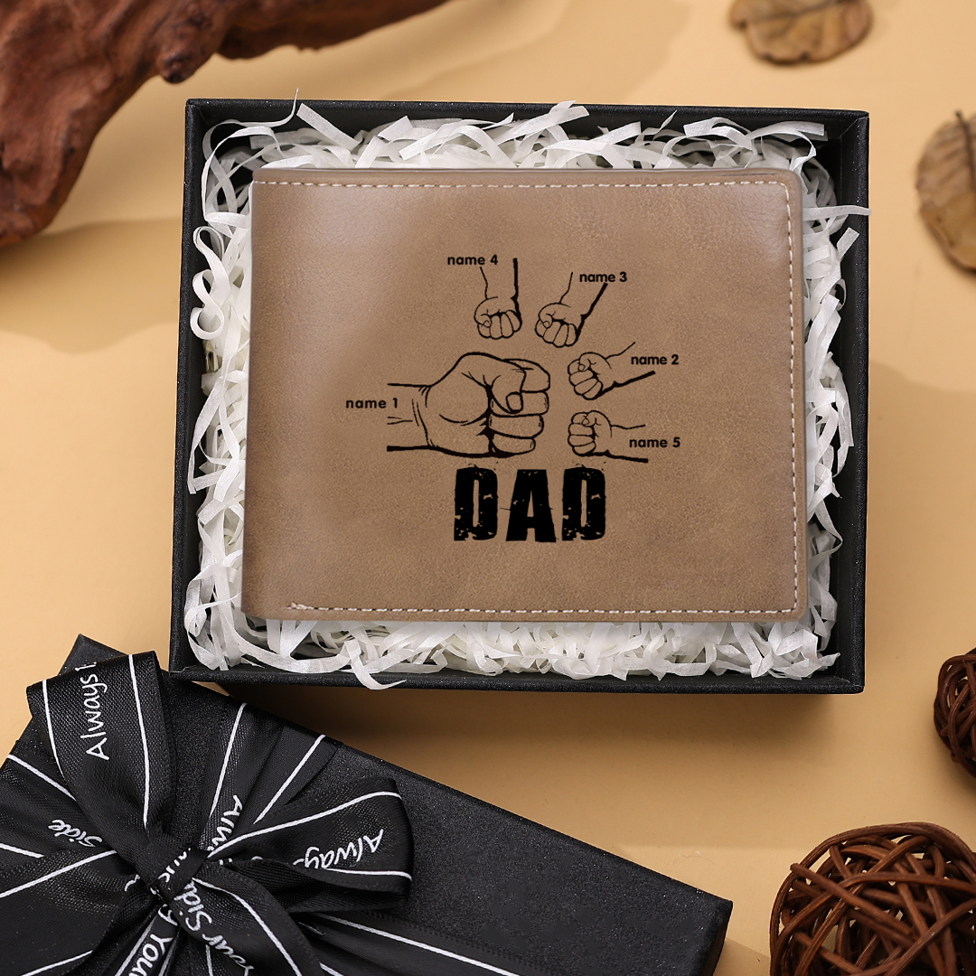 Personalised Leather Mens Wallet Engraved 5 Names Fist Bump Folding Wallet Father's Day Gifts-Jessemade AU