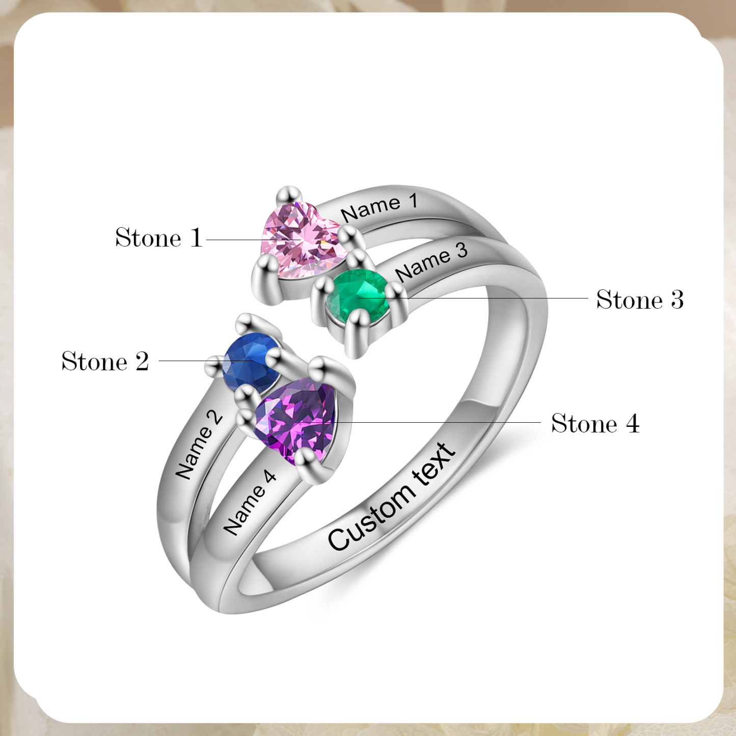 4 Names - Personalised Birthstones Ring Customised Name Open Ring Gift for Her-Jessemade AU