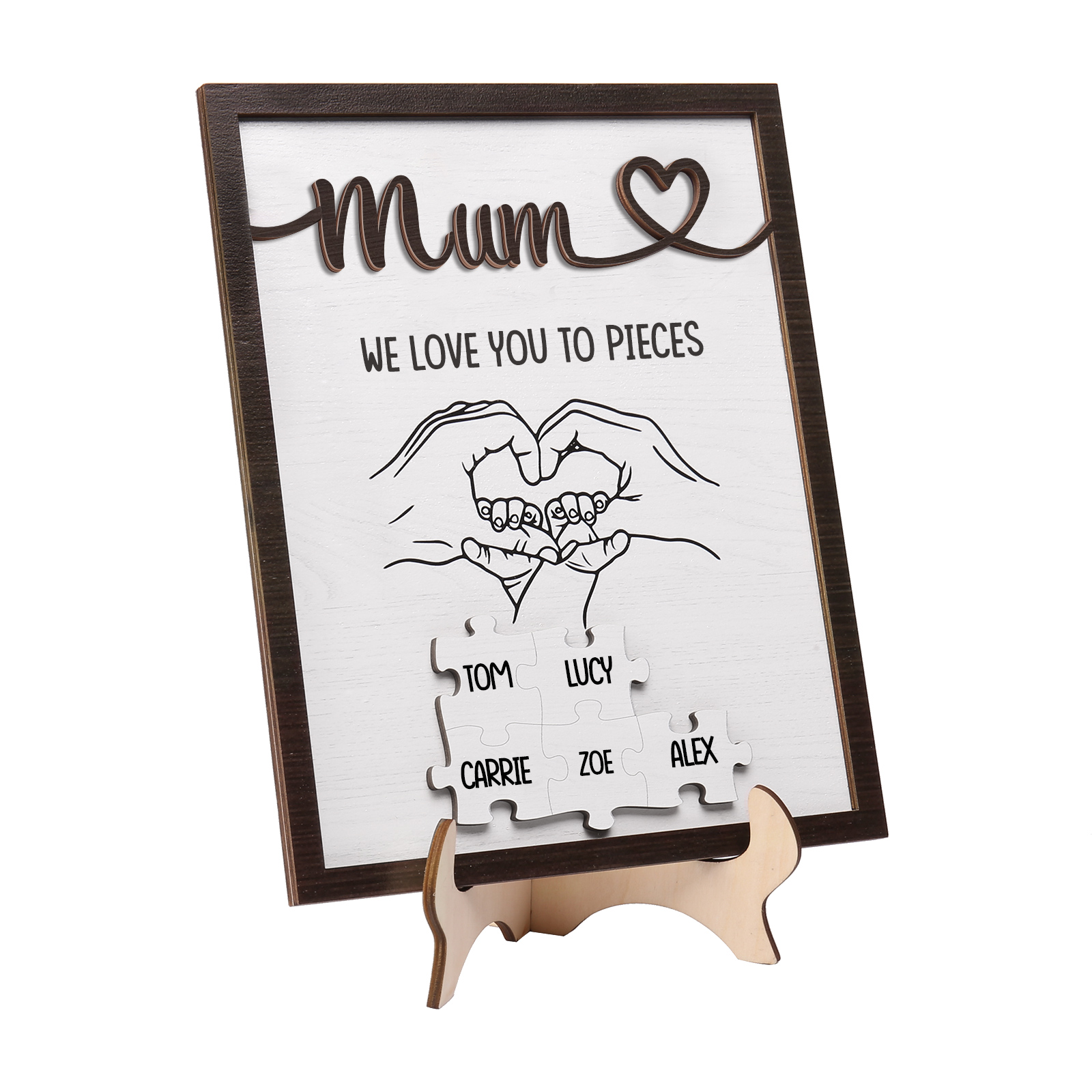 Personalised Puzzle Pieces Wooden Plaque Custom 5 Names & Text & Salutation Holding Hands Family Wooden Sign With Stand Gifts for Mum-Jessemade AU