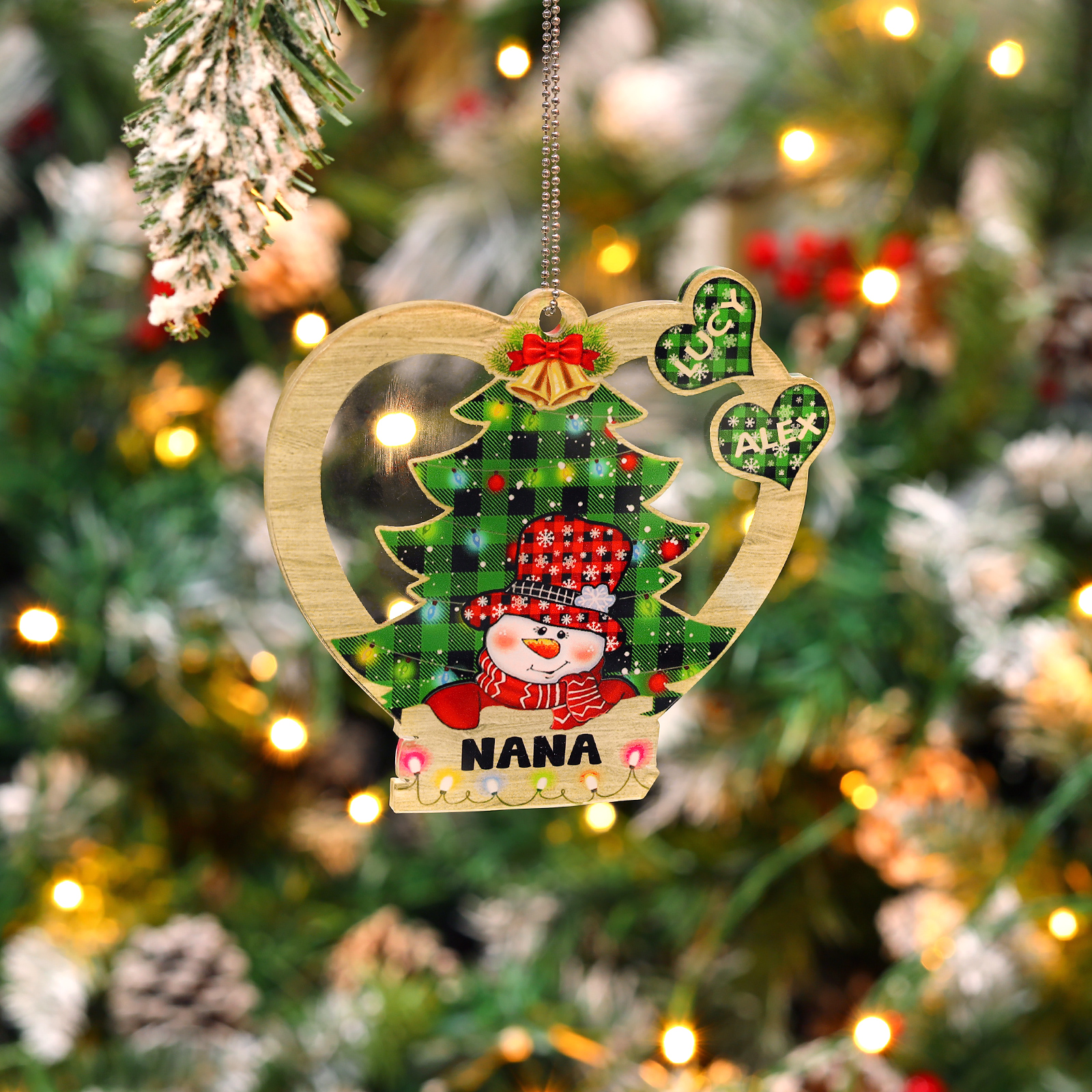 2 Names - Personalised Heart Christmas Tree Ornament Customised Name & Text Acrylic Snowman Hanging Ornaments Gift for Family-Jessemade AU