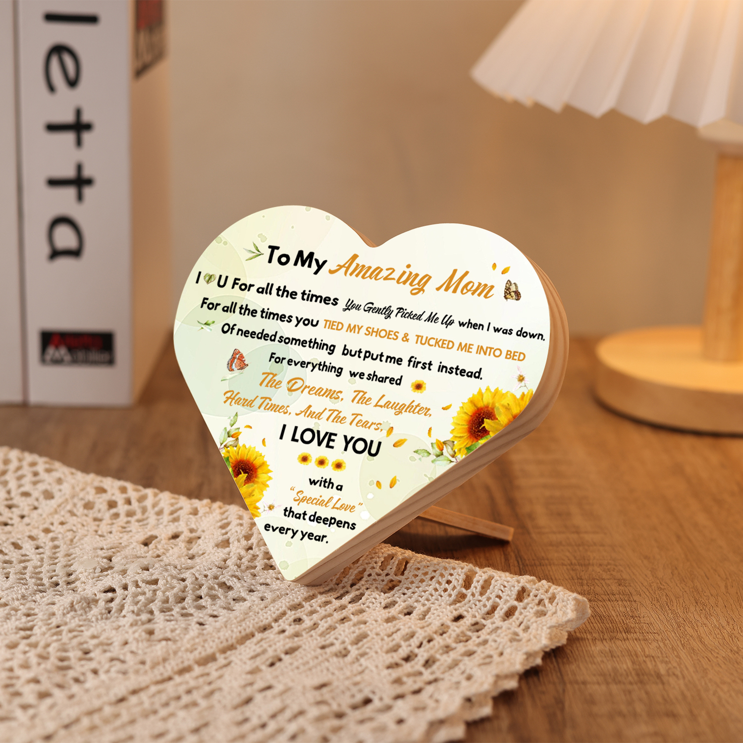 To My Amazing Mom I ❤️ U Wooden Flowers Heart Keepsake Desktop Ornament-Jessemade AU