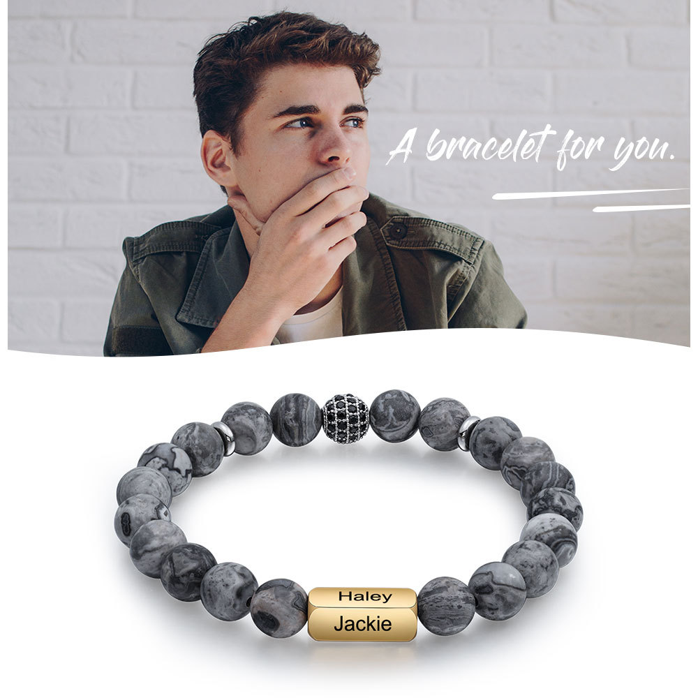 Personalised Round Beads Bracelet Custom Names Men's Bracelet Gifts For Him-Jessemade AU